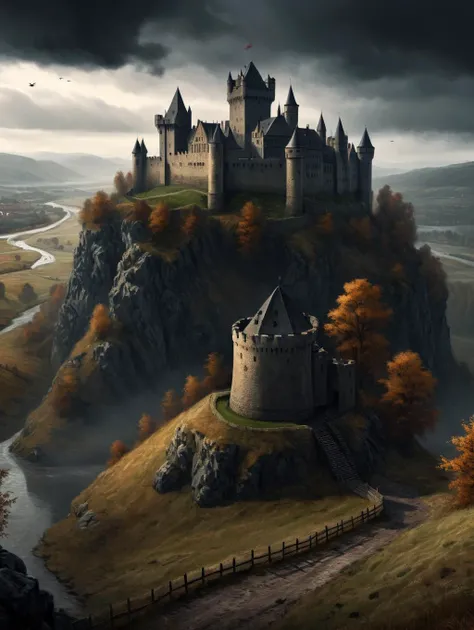 Horror-themed Masterpiece, Generate a picture of a small medieval Norman castle on a hilltop. A wide valley with a river should be visible in the background. The surroundings of the castle and the valley should be characterized by meadows and forests. The weather is rough with dark clouds and it is autumn. It is dark, night, and fog is gathering. The castle should have typical Norman architectural elements such as towers, battlements or a drawbridge. The valley should be characterized by rolling hills, flying ravens, epically, threatening,
(darkness:3.5),
<lora:add-detail-xl:1.4> <lora:Gustave Dore Style:1>, Ultra-HD-details, true to life, HDR image, High detail resolution, high detailed cloth, cinematic lighting, realistic, sharp focus, (very detailed), ((4K HQ)), depth of field, f/1.2, Leica, 8K HDR, High contrast, bokeh, realistic shadows, vignette, epic, . Eerie, unsettling, dark, spooky, suspenseful, grim, highly detailed