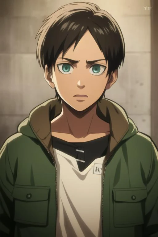 masterpiece, best quality, high quality, 1boy, solo, male focus, looking at viewer, upper body, <lora:eren_yeager:0.82>, eren_yeager, brown hair, , jacket, <lora:Realism-10:0.30>, Realism