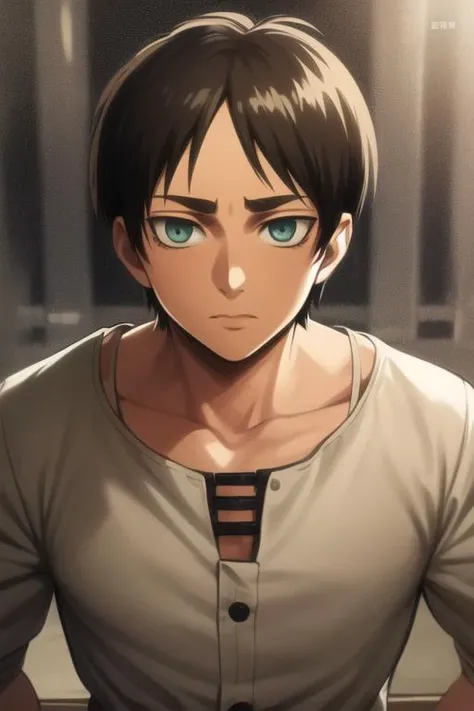 masterpiece, best quality, high quality, 1boy, solo, male focus, looking at viewer, upper body, <lora:eren_yeager:0.74>, eren_yeager,