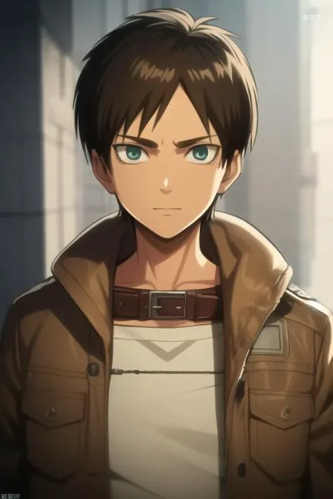 masterpiece, best quality, high quality, 1boy, solo, male focus, looking at viewer, upper body, <lora:eren_yeager:0.76>, eren_yeager, brown hair, , jacket,