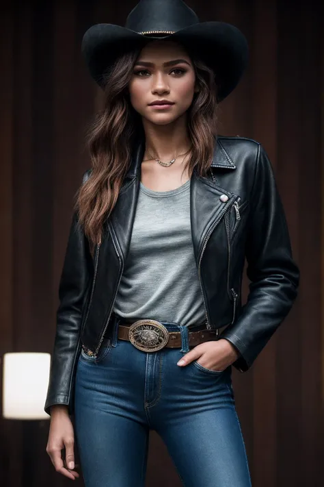 Zendaya_SoloTI_v1,
(A Westworld-inspired ensemble featuring rugged yet stylish elements, such as a leather jacket paired with distressed jeans and cowboy boots, accessorized with a wide-brimmed hat and a statement belt buckle:1.1), ((In a frontier-inspired setting, with wide-open spaces and a hint of mystery, echoing the adventurous spirit of the Wild West:1.2)), (seductive), photorealistic, masterpiece, high quality, artistic, unique, award winning photograph, professional, 8k, RAW photo, best quality,flattering, (cinematic:1.3), (low key),
<lora:add_detail:0.6>,<lora:LowRa:0.6>, PA7_Portrait-MCU,