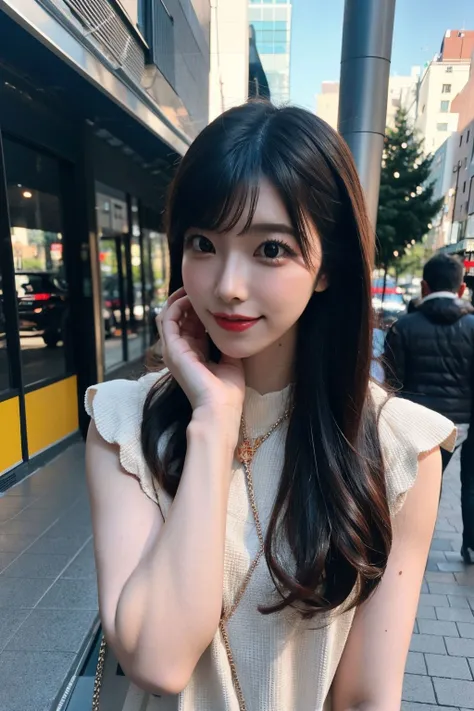 (Ultra - High resolution:1.5)(super detailed:1.3) (super high quality) (Super high quality:1.5) (realistic pictures:1.3) japanese woman 21 years old ((Detailed and beautiful face:1.3)) ((realistic skin texture:1.say exactly, high quality eyes:1.3)) ((The beauty of detailed and high-quality ears, My skin is very fair and transparent.:1.3)) ((beautifully groomed straight short bob hair))complete body Beautiful proportions (Sleeveless shirt made of thin fabric) long gathered skirt The inside of the cafe at dusk in the background... beautiful, Luxurious and stylish interior ((Give a kind smile to the viewer:1.3)) wet half-open lips Amazing high resolution quality