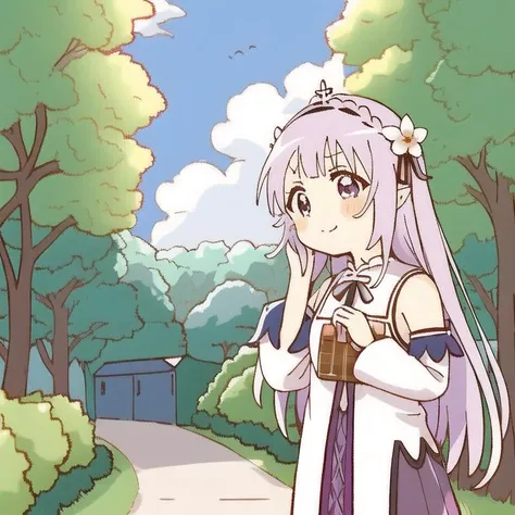 1girl, bangs, bare_shoulders, blue_sky, blunt_bangs,braid, breasts, bush, closed_mouth, cloud, cloudy_sky, crown_braid, day,detached_sleeves, emilia_\(re:zero\), eyebrows_visible_through_hair, flower, forest, garden, gem, grass, hair_flower, hair_ornament, hair_ribbon, house, long_hair, looking_at_viewer, nature, outdoors, park, path, pointy_ears, purple_eyes, purple_ribbon, ribbon, road, silver_hair, sky, smile, solo, tears, tree, white_flower, x_hair_ornament <lora:namoriv3-000003:1>