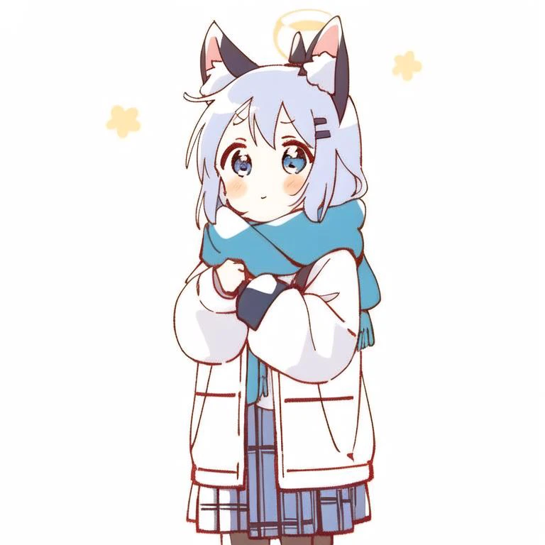 1girl, animal_ear_fluff, animal_ears, bangs, black_skirt, blue_eyes, blue_scarf, blush, closed_mouth, eyebrows_visible_through_hair, gloves, simple_background,white_background, hair_ornament, hairclip, halo, jacket, long_sleeves, looking_at_viewer, open_clothes, open_jacket, plaid, plaid_skirt, pleated_skirt, scarf, shirt, skirt, smile, solo, white_shirt, <lora:namori2-000004:1>