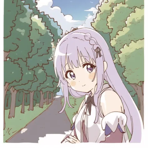 1girl, bangs, bare_shoulders, blue_sky, blunt_bangs,braid, breasts, bush, closed_mouth, cloud, cloudy_sky, crown_braid, day,detached_sleeves, emilia_\(re:zero\), eyebrows_visible_through_hair, flower, forest, garden, gem, grass, hair_flower, hair_ornament, hair_ribbon, house, long_hair, looking_at_viewer, nature, outdoors, park, path, pointy_ears, purple_eyes, purple_ribbon, ribbon, road, silver_hair, sky, smile, solo, tree, white_flower, x_hair_ornament ,<lora:namoriv4-000006:1>