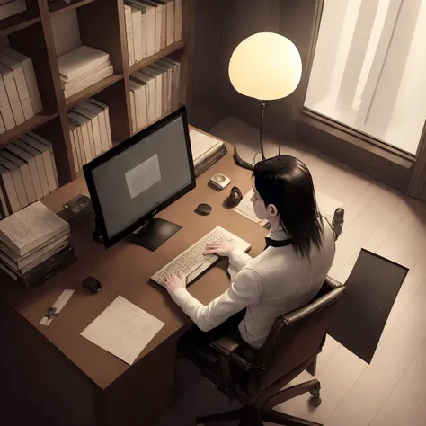 RAW, (masterpiece, best quality, photorealistic, absurdres, 8k:1.2), best lighting, complex pupils, complex textile, detailed background, penthouse study, evening, mood lighting, 1man, pale skin, mid-range, typing on computer, from above, intent, lanky, no marks or scars, brown eyes, tuxedo, black hair loose, custom PC, dual monitors, paperwork, leather chair, bookcase