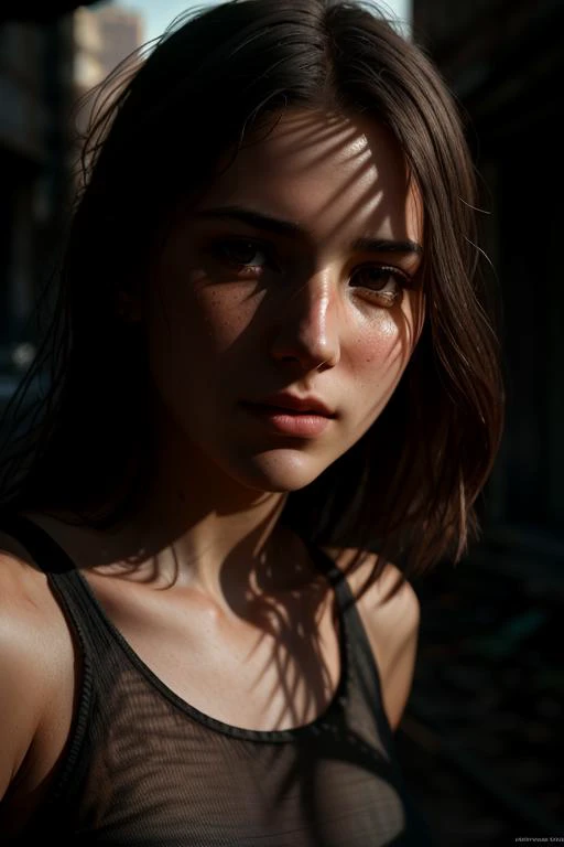 RAW photo, extreme close up of 20 y.o model in wastlander clothes, long haircut, pale skin, slim body, background is city ruins, (high detailed skin:1.2), 8k uhd, dslr, soft lighting, , film grain, (Fujifilm XT3:-0.3), Photorealistic, Hyperrealistic, Hyperdetailed, analog style, detailed skin, matte skin, soft lighting, subsurface scattering, realistic, heavy shadow, masterpiece, best quality, ultra realistic, 8k, golden ratio, Intricate, High Detail, film photography, soft focus