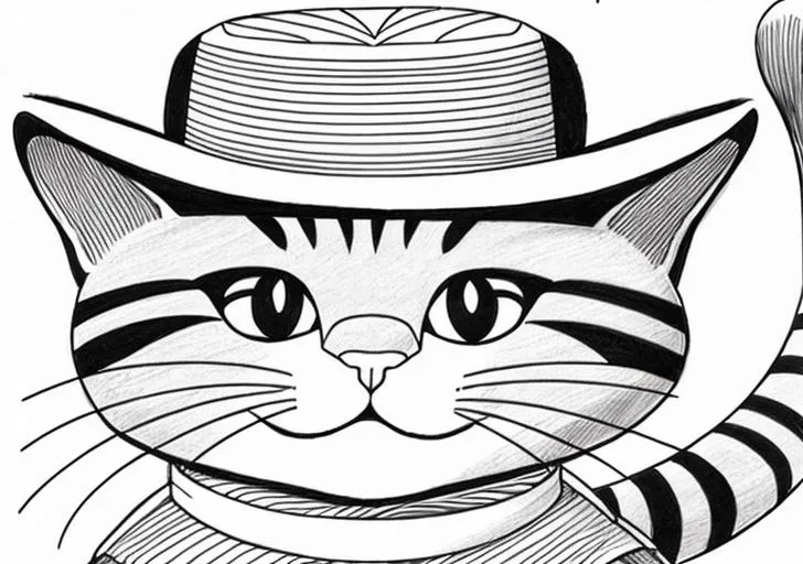 a beautiful closeup drawing of one happy cat wearing a hat,looking in the air, highest quality flat vector, art by coloring-book-style, ((white background)), (b&w:1.4),kids drawing book