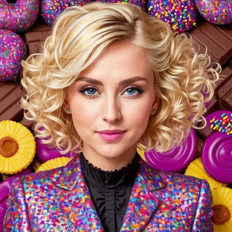 full body,HDR,8k,[ultra detail face eyes],ultra detail skin,masterpiece,dynamic_angle,ultra image detailing,depth of field,bright colorful juicy colors,woman blonde short hairstyle,factory willy wonka,sarafan from chocolate,