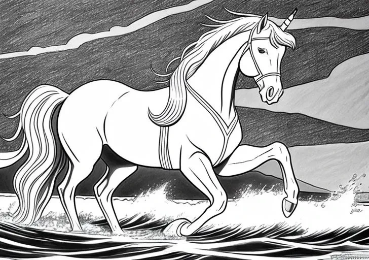 a beautiful drawing of one horse,walking in water at a sea in The Kingdom of the Unicorn ,saddle, highest quality, art by coloring-book-style, ((white background)), b&w