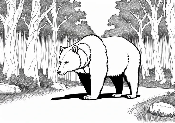 a beautiful drawing of one bear,walking in a forest, highest quality flat vector, art by coloring-book-style, ((white background)), b&w