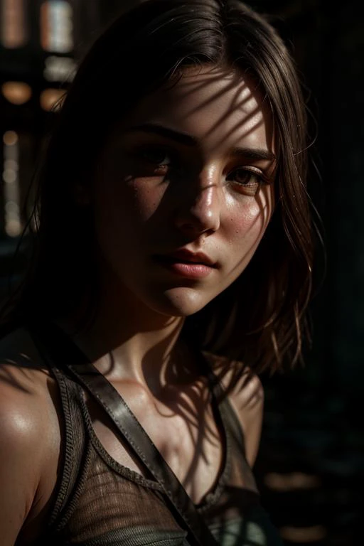 RAW photo, extreme close up of 20 y.o model in wastlander clothes, long haircut, pale skin, slim body, background is city ruins, (high detailed skin:1.2), 8k uhd, dslr, soft lighting, , film grain, (Fujifilm XT3:-0.9), Photorealistic, Hyperrealistic, Hyperdetailed, analog style, detailed skin, matte skin, soft lighting, subsurface scattering, realistic, heavy shadow, masterpiece, best quality, ultra realistic, 8k, golden ratio, Intricate, High Detail, film photography, soft focus