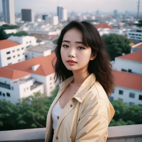 8k uhd,dslr,bokeh, city,beautiful young girl alone in rooftop,medium hair, film grain, 8k, masterpiece, high quality, high detail face skin, high detail, goosebumps, look at viewer, portrait, wearing jacket, natural lips<lora:vnfaceFemaleModel20_vnfaceFemaleModel20:0.7>