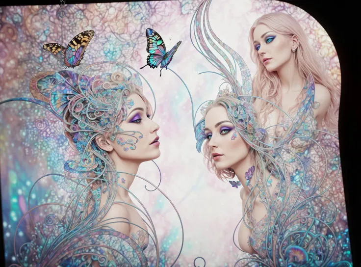 beatuiful woman stretching tethering filleting, spindles of hearts connected, connected hearts, eyes eyeballs, realistic, photorealistic, mushrooms, psychedelic, trippy, contrastic colors, fluid, butterflies, butterfly stained glass,