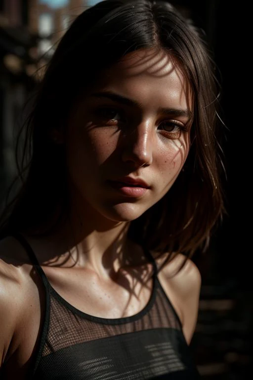 RAW photo, extreme close up of 20 y.o model in wastlander clothes, long haircut, pale skin, slim body, background is city ruins, (high detailed skin:1.2), 8k uhd, , soft lighting, high quality, film grain, Fujifilm XT3, Photorealistic, Hyperrealistic, Hyperdetailed, analog style, detailed skin, matte skin, soft lighting, subsurface scattering, realistic, heavy shadow, masterpiece, best quality, ultra realistic, 8k, golden ratio, Intricate, High Detail, film photography, soft focus