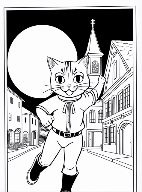 a beautiful drawing of one happy cat wearing boots,running on a medieval street, highest quality flat vector, art by coloring-book-style, ((white background)), (b&w:1.4),kids drawing book