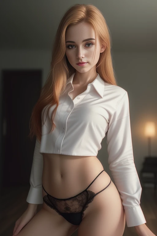 [head to toe, full body shot], 
a RAW photo of Ginny Person,
Young woman, age 24, 24 years old, ginger, ponytail, white, skinny, petite, thin, pale, green-iris, small breasts, button nose, lush lips, [ghost-nipples, small-nipples, hard nipples, erect nipples, Small areola, detailed nipples:0.5],   
(wearing a formal business shirt :1.4), (wearing extremely small tight string high waist thong:1),  pokies, 
sad, unhappy, frown, 
[Realistic, photo, RAW, photograph, beautiful face, perfect eyes, detailed face], 
[intricate detail, high resolution, high quality, intricate, symmetrical face], 
[50mm Sigma f/1.4 ZEISS lens, F1.4, 1/800s, ISO 100, photograpy, RAW, best quality, best resolution, high quality, high resolution, 8k] <hypernet:slimModelsV1_slimmodelsV1:1>, (hyperdetailed), hyperresolution 8k wallpaper, best quality, 80mm lens, a beautiful young canadian woman, full body photo, blonde straight long hair, (highly detailed hair:1.4), smoke, fog, (dark forest:1.1), bokeh, faded, neutral colors, (hdr:1.5), ((muted colors)), intricate scene, artstation, hyperdetailed, cinematic shot, warm lights, dramatic light, intricate details, [vignette], complex background, ((((cinematic look)))), soothing tones, insane details, intricate details, hyperdetailed, low contrast, soft cinematic light, dim colors, exposure blend, hdr, faded, slate gray atmosphere, (wide angle), photorealistic, sharp focus, beauty lips,