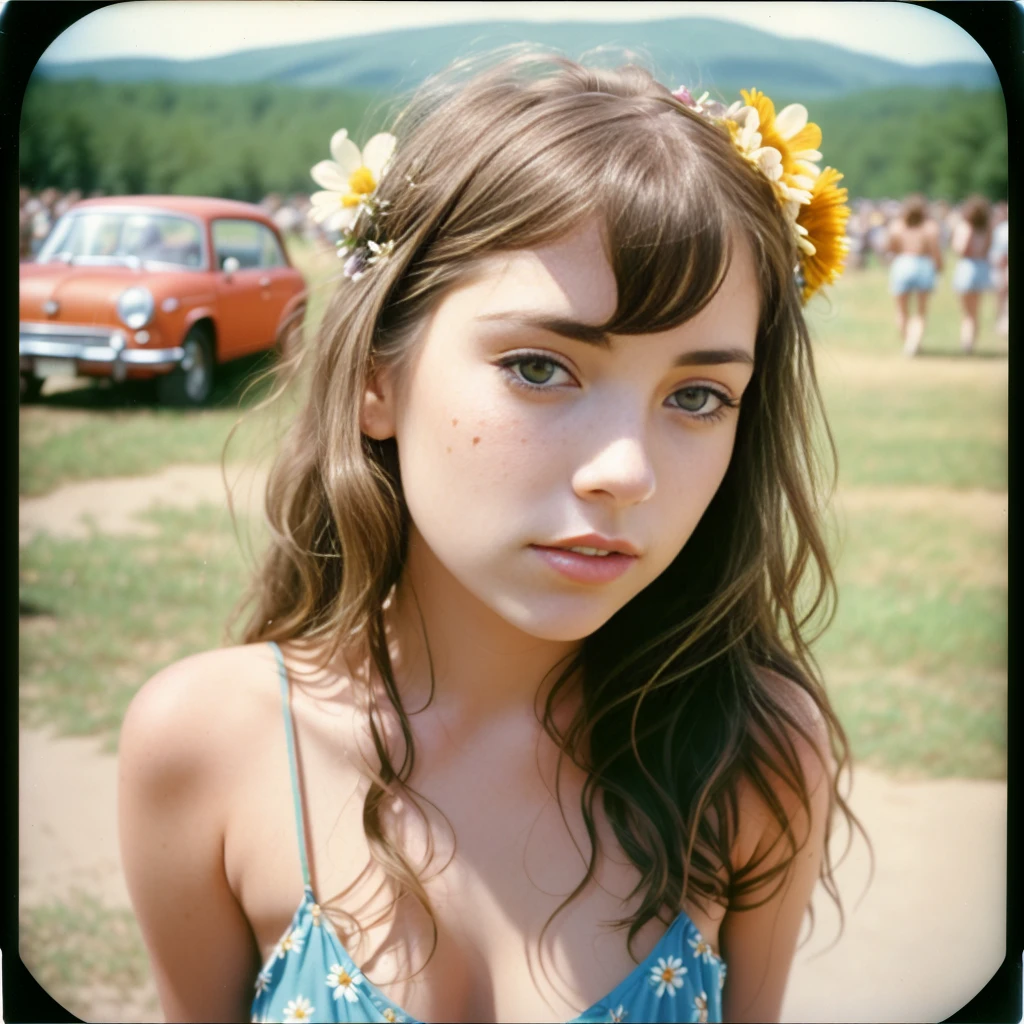 analog style, (polaroid photo), full body, of enticing 1960s (25 year old) female hippie, messy hair, [freckles], detailed skin, (wearing vintage psychedelic micro mini skirt, barefoot with ankle bracelets, flower headwear), (at Woodstock 1969), slim physique,  petite breasts, pretty face, alluring eyes, carefree attitude, natural lighting, film grain, photographed on a SX-70 One-Step, 103mm lens, f/14.6 aperture