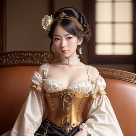 [Steampunk:Clockpunk:16], eye focus, best quality, RAW color photo, clothed, full body, of (Victorian era Chinese, pale skin woman, wearing elegant white and gold [Victorian-style:Steampunk:10] clothing), mechanical arm, sitting on luxurious leather couch inside [Victorian:Cyberpunk:12] mansion, legs crossed, petite breasts, perfect face, alluring eyes, (turquoise eyes:0.8), (detailed skin, smooth pores), [goosebumps], (freckles:0.7), shallow depth of field, deep focus, natural lighting, (side lighting:0.5), [film grain], photographed on a Canon 5D, 100mm macro lens, F/8 aperture, fashion photography award-winner