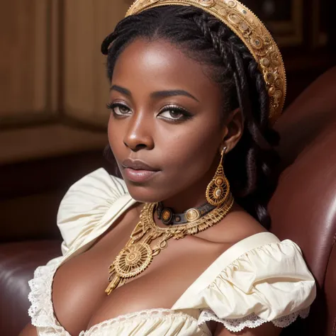 [Steampunk:Clockpunk:0.16], eye focus, best quality, RAW color photo, clothed, full body, of (Victorian era (Kenya, dark skin) woman, wearing elegant white and gold [Victorian-style:Steampunk:0.10] clothing), mechanical arm, sitting on luxurious leather couch inside [Victorian:Cyberpunk:0.12] mansion, legs crossed, monumental breasts, perfect face, alluring eyes, (coral eyes:0.8), (detailed skin, smooth pores), [goosebumps], (freckles:0.7), shallow depth of field, deep focus, natural lighting, (side lighting:0.5), [film grain], photographed on a Canon EOS R6, 85mm macro lens, F/8 aperture, fashion photography award-winner