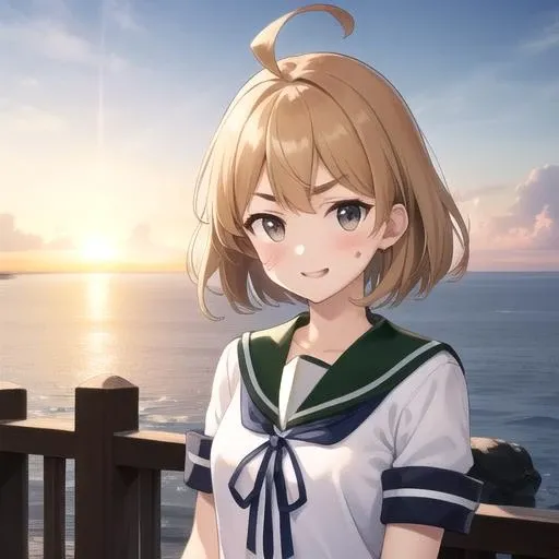 ((masterpiece)),(best quality),official art,extremely detailed CG,unity 8k wallpaper,ultra detailed,A lighthouse on a cliff by the sea,1girl,solo,upper body,(portrait:1.2),oboro (kantai collection),ahoge,anchor symbol,bandaid on face,elbow pads,smile,blush,knee pads,short sleeves,short hair,light brown hair,eyebrows visible through hair,kneehighs,blue skirt,school uniform,serafuku,loafers,<lora:Oboro(kan)>,