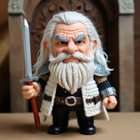 <lora:AmiguramiRedmond-Crochet-Amigurumi:1.2> Amigurami crochet, old man, muscular, 70 year old, crazy happy, angry unstable, intense look, long white hair, medieval Cronenberg, dungeon, fitness, studded leather armor, 8k ultra detailed, alphonse mucha, Donatio Giancola