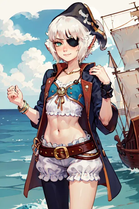 1girl, silver hair, short hair, bangs, green eyes, blush, smile, (white bloomers), belt, white vest, black legging, black glove, midriff, bracelet, flat chest, (solo), (cowboy shot), Enkyrie, standing, looking at viewer, animal ears, tail, thighs, pirate, eyepatch, ((pirate hat)), revolver, (pirate ship), ocean, (((coat over shoulders))), <lora:Enkyrie:0.7>
