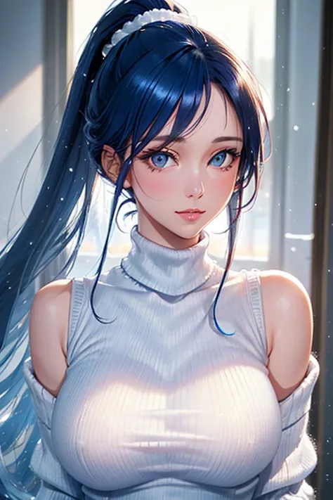 (masterpiece, side lighting, finely detailed beautiful eyes: 1.1), masterpiece portrait, realistic, 3d face, glowing eyes, shiny hair, lustrous skin, solo,full body, large breasts, <lora:breastinclassBetter_v13:0.3>, no nose, look on the viewer <lora:russianDollLikeness_v3:0.3> <lora:koreanDollLikeness_v15:0.3>, ((weaved ponytail hair, blue hair)), snow background, White turtleneck sweater, pompom