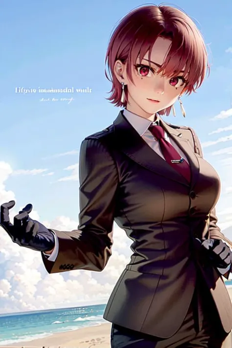 (masterpiece, best quality:1.2), bazett, fgo, 1girl, solo, short hair, red hair, bangs, red eyes, mole under eye, large breasts, black gloves, formal suit, necktie, jacket, upper body, earrings, <lora:BAZETT-15:0.8>