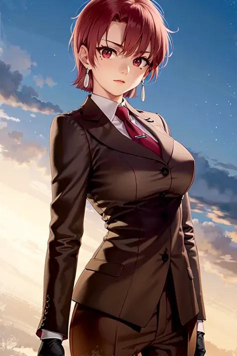 (masterpiece, best quality:1.2), bazett, fgo, 1girl, solo, short hair, red hair, bangs, red eyes, mole under eye, large breasts, black gloves, formal suit, necktie, jacket, upper body, earrings, <lora:BAZETT-15:0.8>