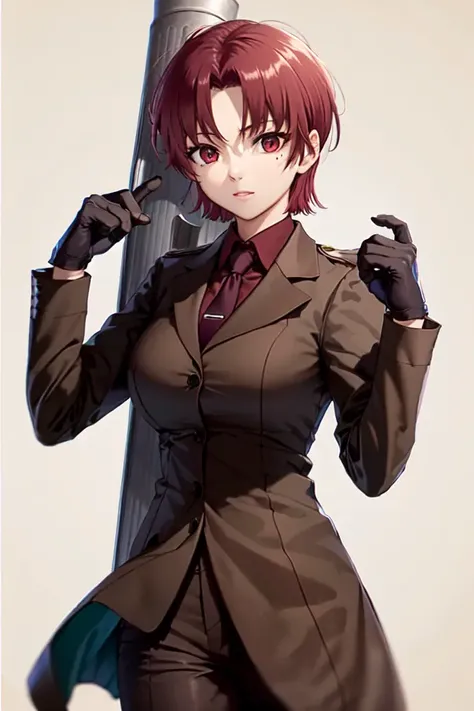 (masterpiece, best quality:1.2), bazett, fgo, 1girl, solo, (case on back:1.1), short hair, red hair, bangs, red eyes, mole under eye, large breasts, formal suit, long coat, black gloves, red shirt, necktie, adjusting gloves <lora:BAZETT-15:0.8>