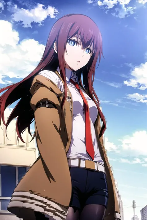 <lora:makiv1:0.7>, 1girl, blue eyes, blue sky, brown hair, cloud, cloudy sky, day, jacket, long hair, looking at viewer, makise kurisu, necktie, ocean, outdoors, red necktie, shorts, sky, solo