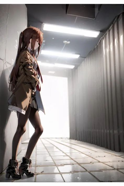 <lora:makiv1:0.7>, 1girl, ankle boots, black footwear, black legwear, boots, brown jacket, from side, indoors, jacket, long hair, makise kurisu, necktie, pantyhose, profile, shirt, skirt, solo, standing