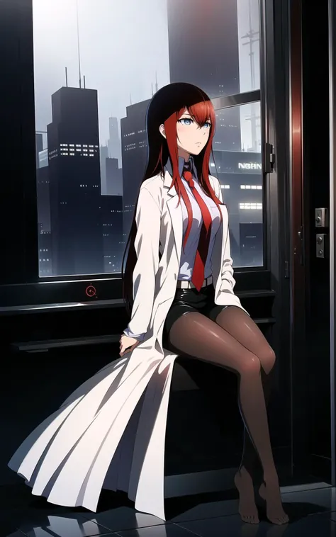 (1girl:1.5), (Makise Kurisu:1.3),
((high resolution illustration)), ((masterpiece)), ((best quality)), high detail, many details, atmospheric, dynamic angle, dynamic,
(textured skin:1.4), (detailed red hair: 1.9), (detailed blue eyes:1.4), long hair, intricate hair, hair between eyes, nice hands, perfect hands, solo focus, detailed brows, hair between eyes, slim, fit body, tall,
detailed lighting, realistic colours, vivid colours, the most beautiful form of chaos, elegant,romanticism, ecstasy of light and shadow, deep shadow, (low key:1.3), (dark theme:1.3),
(full body:1.5),
(lab coat), (black pantihose), black shorts, red tie, white skirt,
in the guest room, (night:1.5), (futuristic city outside:1.5), (cyberpunk interior:1.3),(big window:1.3), sitting, front view,
<lora:estheticMakiseKurisu_makiv1:0.7>,
<lora:lowkey_v1.1:0.4>,