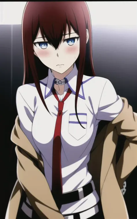 1girl,bangs, belt,chain,chained,gloves,hair between eyes,long hair,((makise kurisu,film texture,light blush)),clean_hands,reasonable posture,red hair,shirt, solo,standing,makise_kurisu, 1girl,long_hair, jacket, solo, brown_hair, looking_at_viewer, necktie, blue_eyes, red_necktie, upper_body, bangs,looking at viewer,<lora:makiv1:0.55>