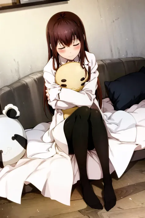 <lora:makiv1:0.7>, 1girl, bed, black legwear, blush, brown hair, closed eyes, crossed arms, labcoat, long hair, makise kurisu, necktie, object hug, pantyhose, pillow, sitting, smile, solo, stuffed animal, stuffed toy