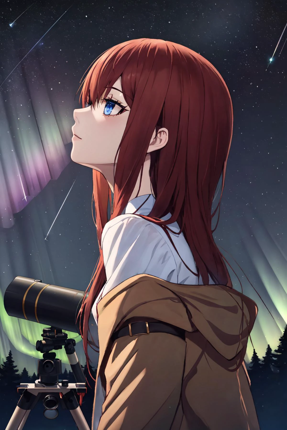 8k, highres, masterpiece, ultra-detailed, (high detail:1.1), 1girl, <lora:makiv1:0.6> makise kurisu, (telescope:1.35), (grassy field:0.85), from behind, night time, red hair, (blue eyes:0.7), straight hair, off shoulder, jacket, (meteor shower:1.25), (night:1.1), <lora:detail_slider_v4:2>, intricate shadows, (facing away:1.4), dark, (comet:0.5), aurora, tripod, (looking up:1.4), wonder, (smile:0.75)
