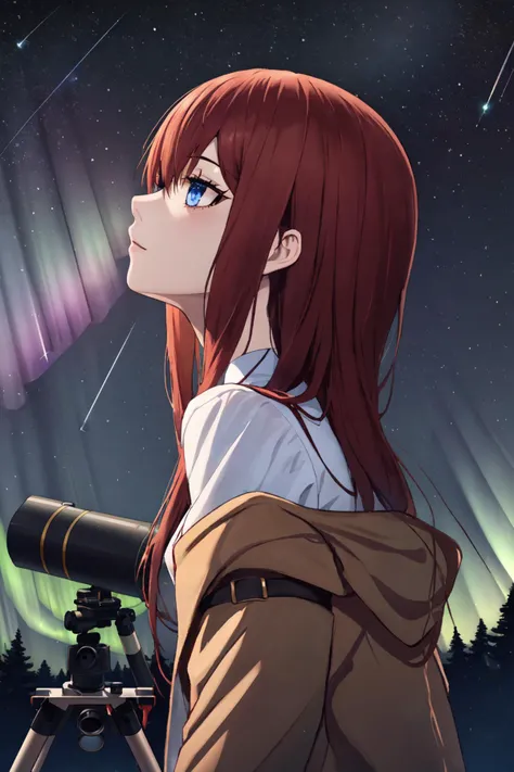 8k, highres, masterpiece, ultra-detailed, (high detail:1.1), 1girl, <lora:makiv1:0.6> makise kurisu, (telescope:1.35), (grassy field:0.85), from behind, night time, red hair, (blue eyes:0.7), straight hair, off shoulder, jacket, (meteor shower:1.25), (night:1.1),  <lora:detail_slider_v4:2>, intricate shadows, (facing away:1.4), dark, (comet:0.5), aurora, tripod, (looking up:1.4), wonder, (smile:0.75)