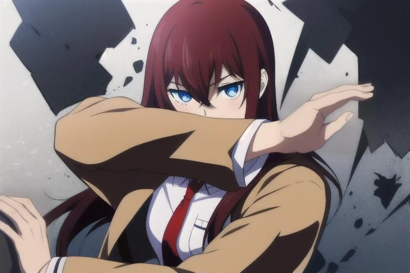 source_anime, <lora:makiv1:0.7>, 1girl, bangs, belt, blue eyes, hair between eyes, jacket, brown jacket, long hair, looking at viewer, makise kurisu, necktie, red hair, shirt, solo, (masterpiece:1.2, best quality),