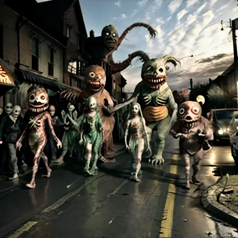 <lora:UnsettlingImages:1>, <lora:more_details:1>, Found Footage, monster parade, Creepy, Horror, Carnival, night at local town,