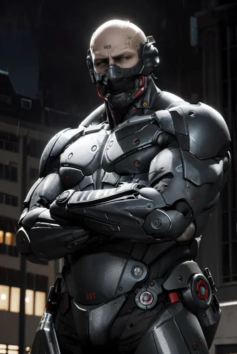 year 2000, mgrsundowner, bald, headgear, android, cyborg, barcode tattoo, headcap, mask,
manly, muscular,looking at viewer, angry, arms crossed,
standing, on roof of a building, cityscape background, night, raining, dynamic lighting, extremely detailed, HDR, <lora:sundowner_LoKr_v1-01:.8>