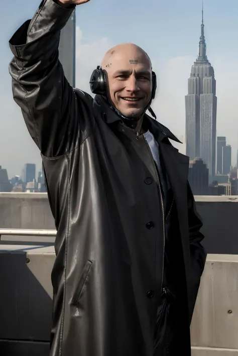 year 2000, mgrsundowner, bald, headgear, android, cyborg, barcode tattoo, black leather trench coat,
manly, muscular,looking at viewer, smiling, laughing, arms raised, waving
standing outside, roof, empire state building in background, extremely detailed, HDR, <lora:sundowner_LoKr_v1-01:.8>