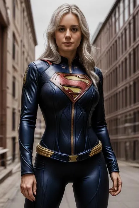 (portrait photo) of (blrs woman:1.0), wearing tight superman suit, HDR, (busty:1.1), (white hair) , outdoors background <lora:BrieLarsonDogu_blrs:1>
