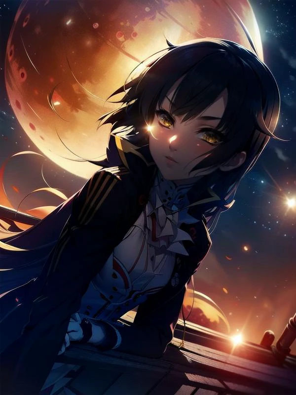 (masterpiece:1.2), 1girl, <lora:kuon_v1:0.8>, (ODKUON:1.2), sitting, dutch angle, on the roof, night, (red moon:1.2), caustics, lens flare, upper body, yellow eyes,
