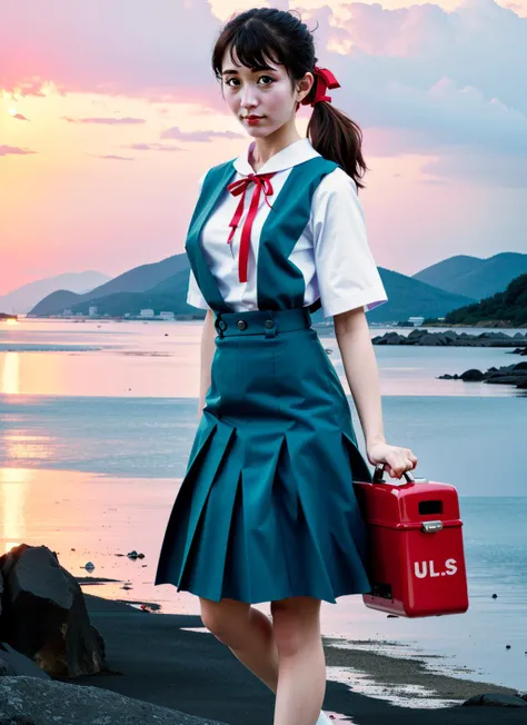 Best quality, masterpiece, ultra high res, (photorealistic:1.3), raw photo,
1girl,solo,upperbody,(eva school uniform:1.3),(red ribbon:1.2),
Japanese face, sea side,faint smile, big wind, jet stream, many cloud
<lora:eva_school_uniform:1>,