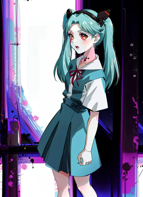 1girl,eva school uniform, rebecca \(cyberpunk\),twin tail, hairband, mechanical eye, colored sclera, red sclera, colored skin, white skin, leg tattoo, neck tattoo, green hair, long hair, small breasts,
<lora:eva_school_uniform:1> , <lora:rebecca_v1:0.7>