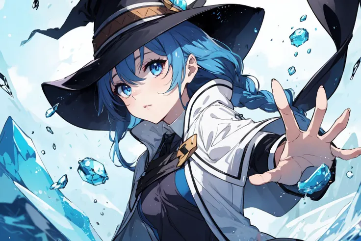 nice hands, perfect hands, anime, (highly detailed:1.2), (highres:1.2), roxy migurdia, (ice magic, ice, icy vapor, used ice magic), (small breasts:1.4), 1girl, striking pose,  bangs, black headwear, in cave, (background on ice), blue eyes, blue hair, braid, brown cape, cape, floating hair, hair between eyes, hat, long hair, witch hat, 
<lora:Mild detail adjusterV10:0.2>  <lyco:GoodHands-beta2:1.0>  <lora:roxy_migurdia_offset:0.8> <lora:mushoku_tensei_style_offset:0.1>