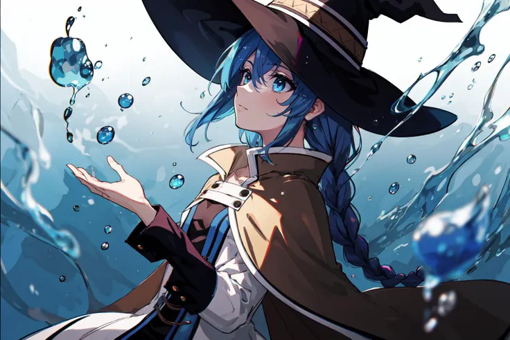 nice hands, perfect hands, anime, (highly detailed:1.2), (highres:1.2), roxy migurdia, 1girl, (small breasts:1.4), bangs, black headwear, blue background, blue eyes, blue hair, braid, brown cape, cape, close-up, floating hair, hair between eyes, hat, long hair, witch hat, water magic, water drop, (eyelashes:1.1), (depth of field:1.1), (chromatic aberration:1.1), (caustics:1.1), (rich in details), illumination, light, dynamic angle, light and shadow, Real light and shadow, diffuse reflection,
<lora:Mild detail adjusterV10:0.2> <lyco:GoodHands-beta2:1.0> <lora:roxy_migurdia_offset:1> <lora:mushoku_tensei_style_offset:0.2>