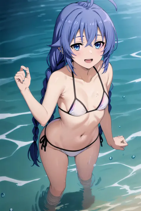 best quality, (masterpiece:1.2), detailed,
<lora:chara_MushokuTensei_RoxyMigurdia_v1:0.8>,
1girl, solo, open mouth, light smile, light blush,
twin braids, long hair, blue hair, ahoge, blue eyes,
white bikini, small breasts,
(in water:1.2), standing, looking at the viewer, from above,
ocean, water, splash