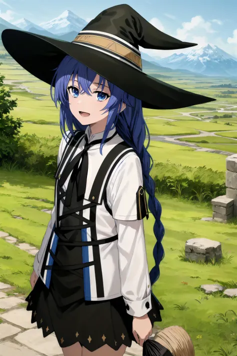 best quality, (masterpiece:1.2), detailed,
<lora:chara_MushokuTensei_RoxyMigurdia_v1:0.8>,
1girl, solo, open mouth, light smile,
twin braids, long hair, blue hair, blue eyes,
white dress, neck ribbon, black ribbon, black skirt, witch hat, black hat,
standing, looking at the viewer,
outdoors, grass, tree, mountain